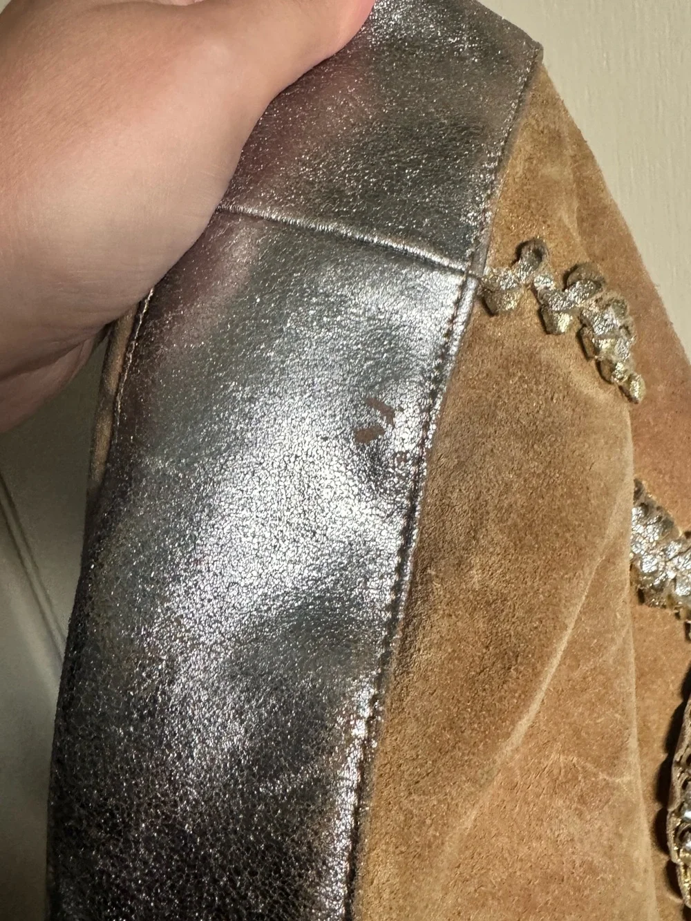 Chico's Tan Suede Hobo with Silver Trim and Studded Medallion Center